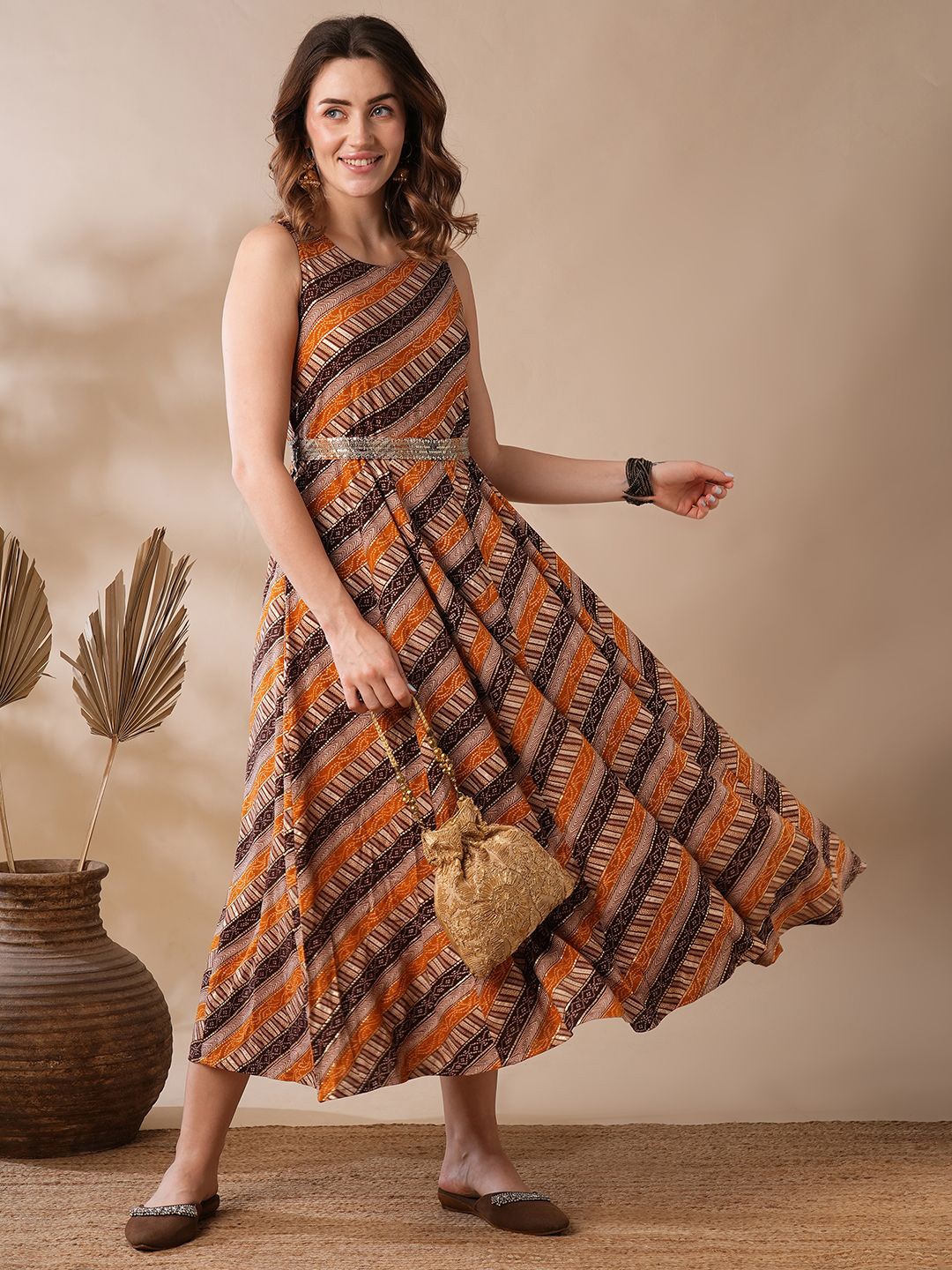 

Globus Gold Foil Bandhani Print Incut Fit & Flare Fusion Maxi Dress With Sequinned Belt, Mustard