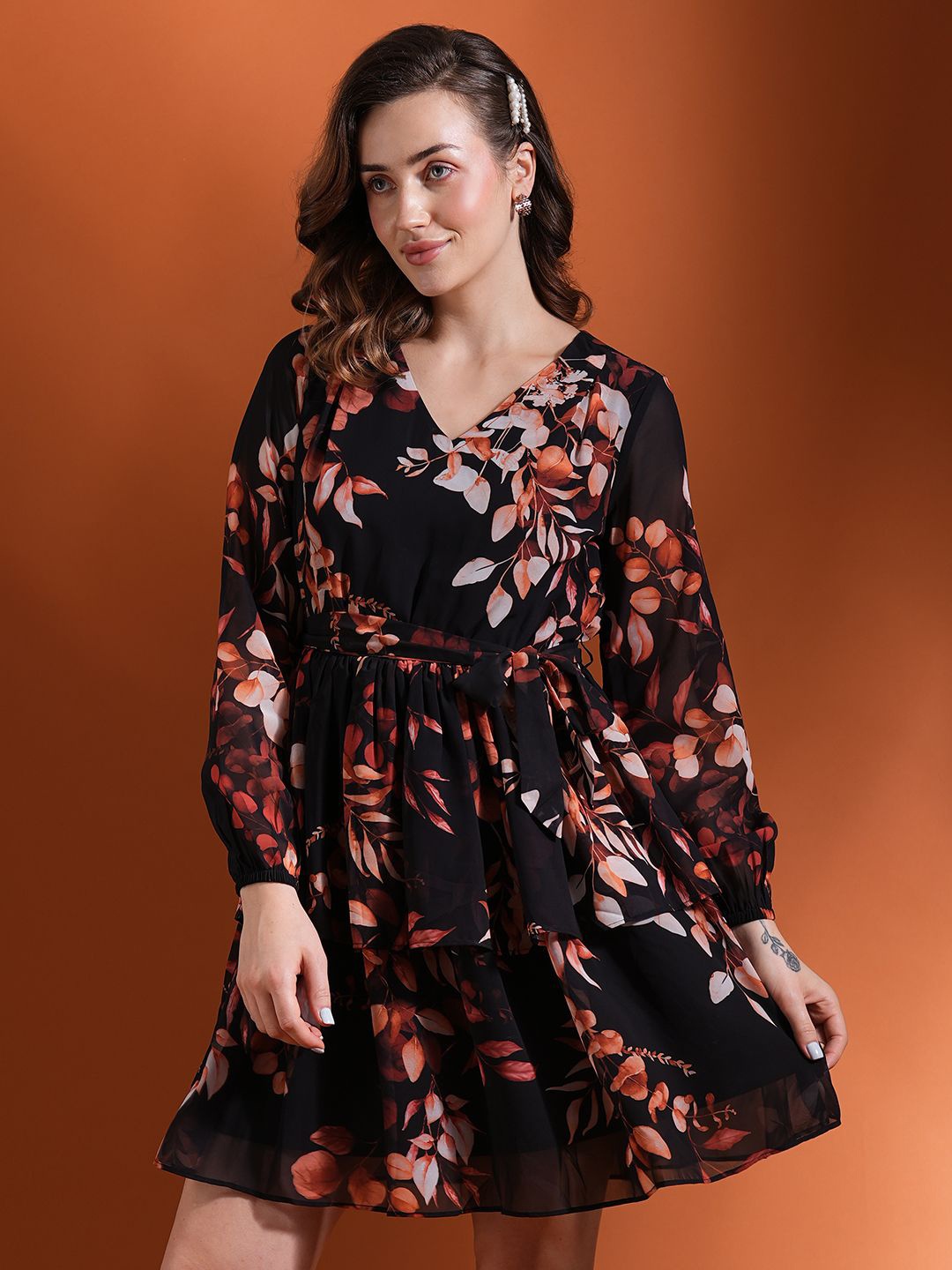

Globus Floral Printed Layered Georgette Fit & Flare Dress with Belt, Black