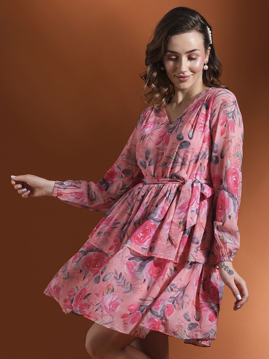 

Globus Women Floral Print Layered Georgette Fit & Flare Dress, Peach