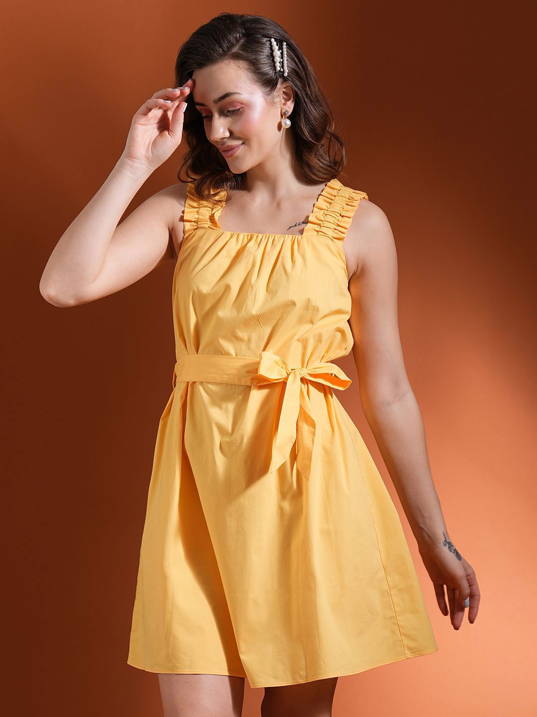 

Globus Women Square Neck Shoulder Strap Belted Mini A-Line Dress, Yellow