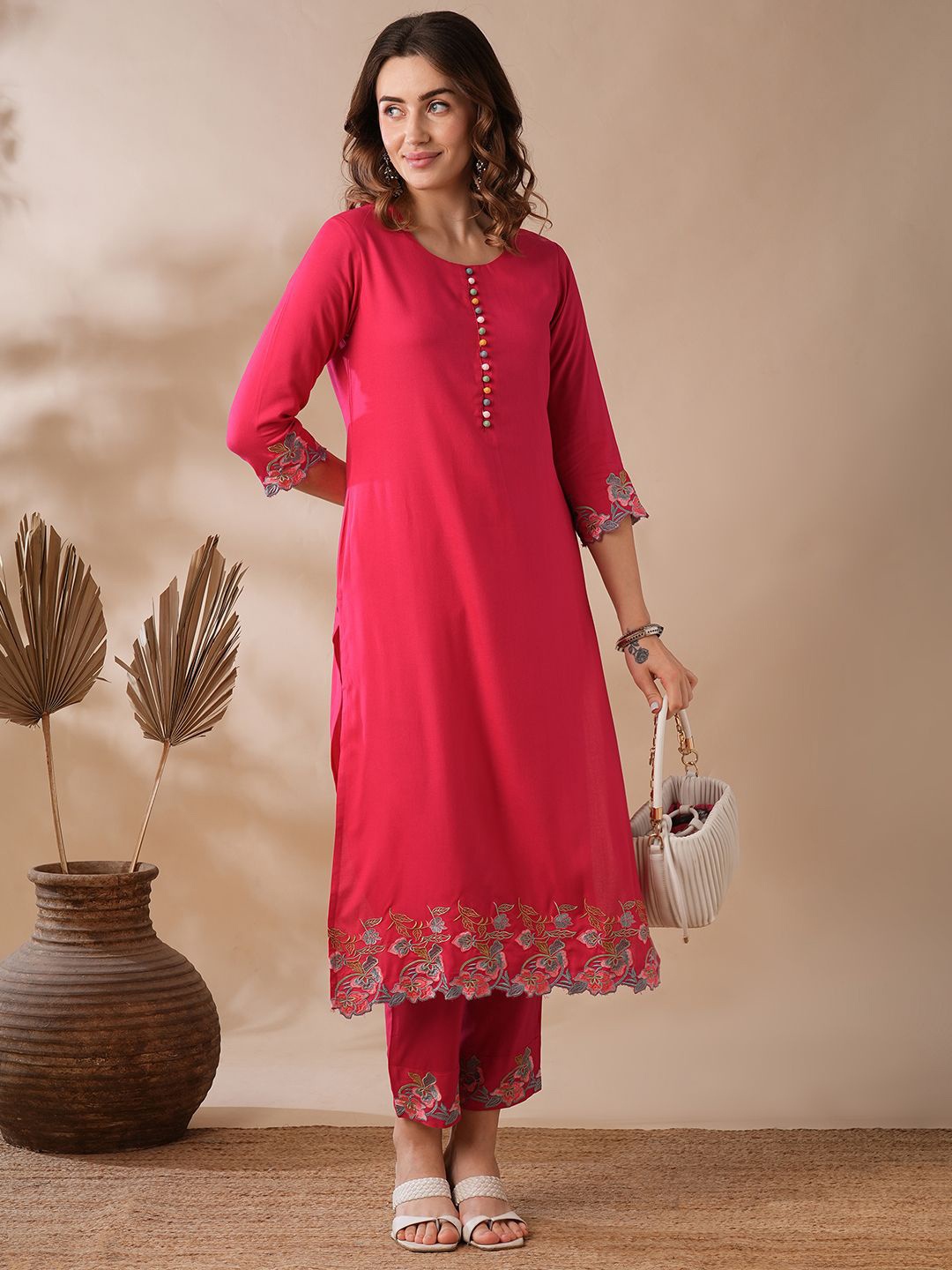 

Globus Pink & Blue Regular Thread Work Kurta with Trousers
