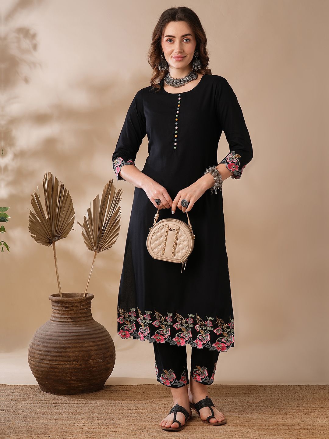 

Globus Black & Pink Regular Thread Work Kurta with Trousers