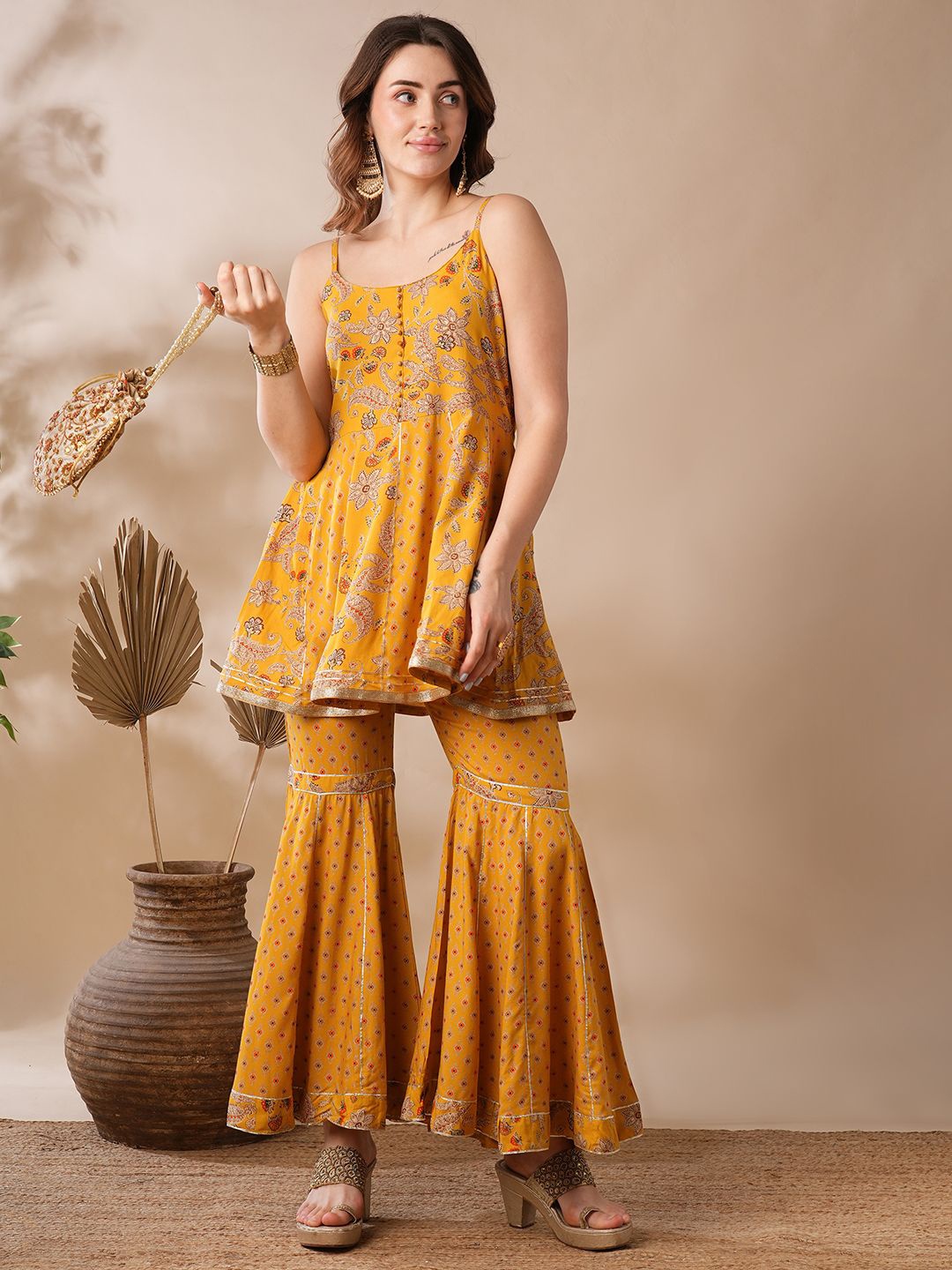 

Globus Printed Top With Sharara, Yellow