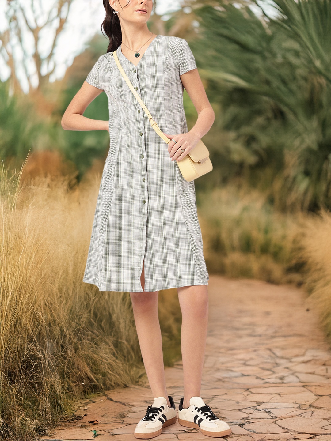 

DressBerry Seersucker Softgirl Effortless Button-Down Dress, Green
