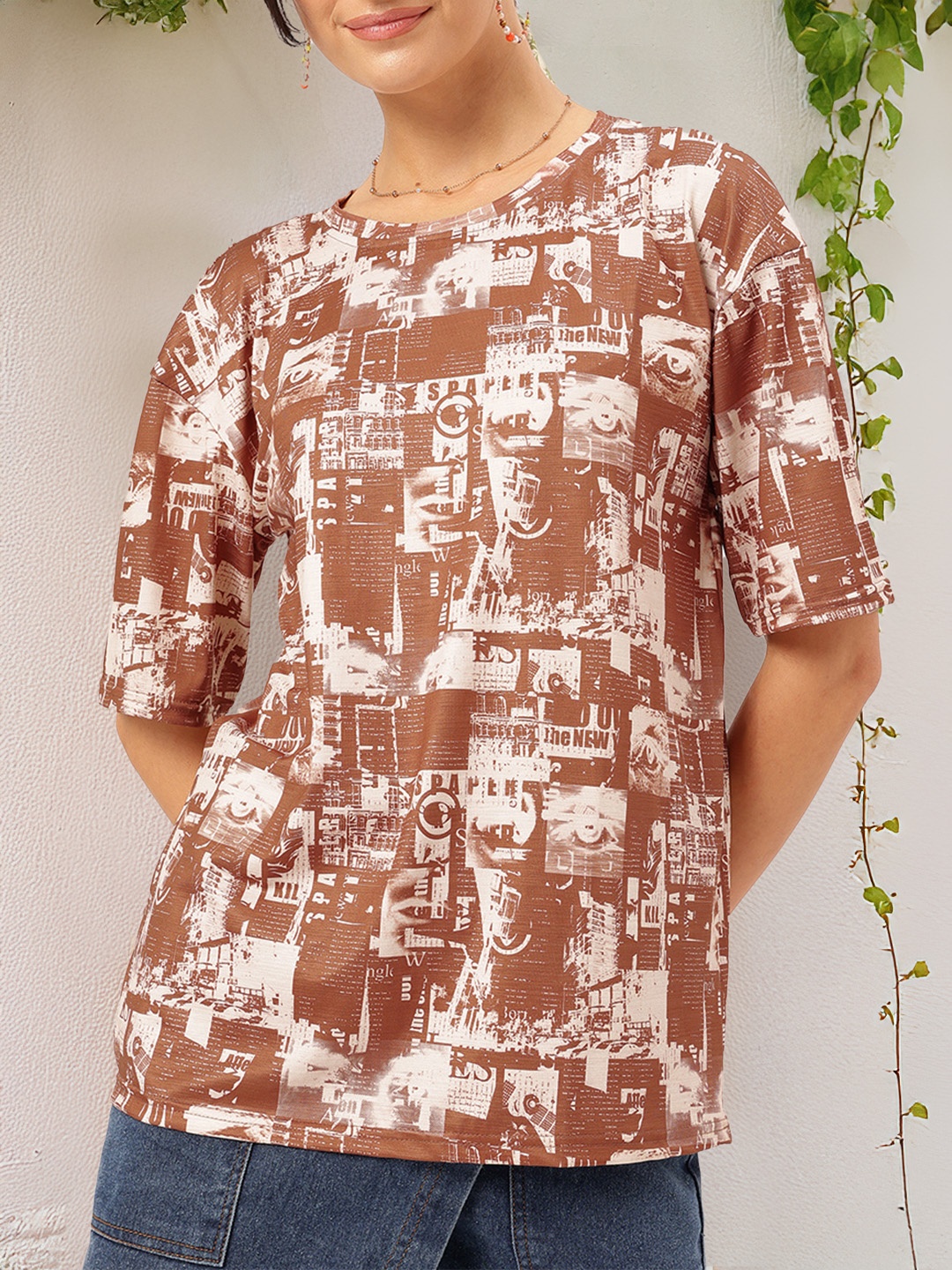 

DressBerry Quirky Chronicles Graphic Printed Insta-Ready Comfy Tee, Brown