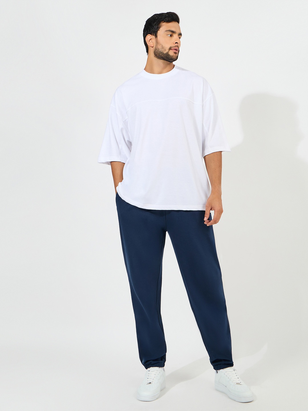 

Styli Men Solid Relaxed Fit Joggers in French Terry with Elasticated Hem, Navy blue