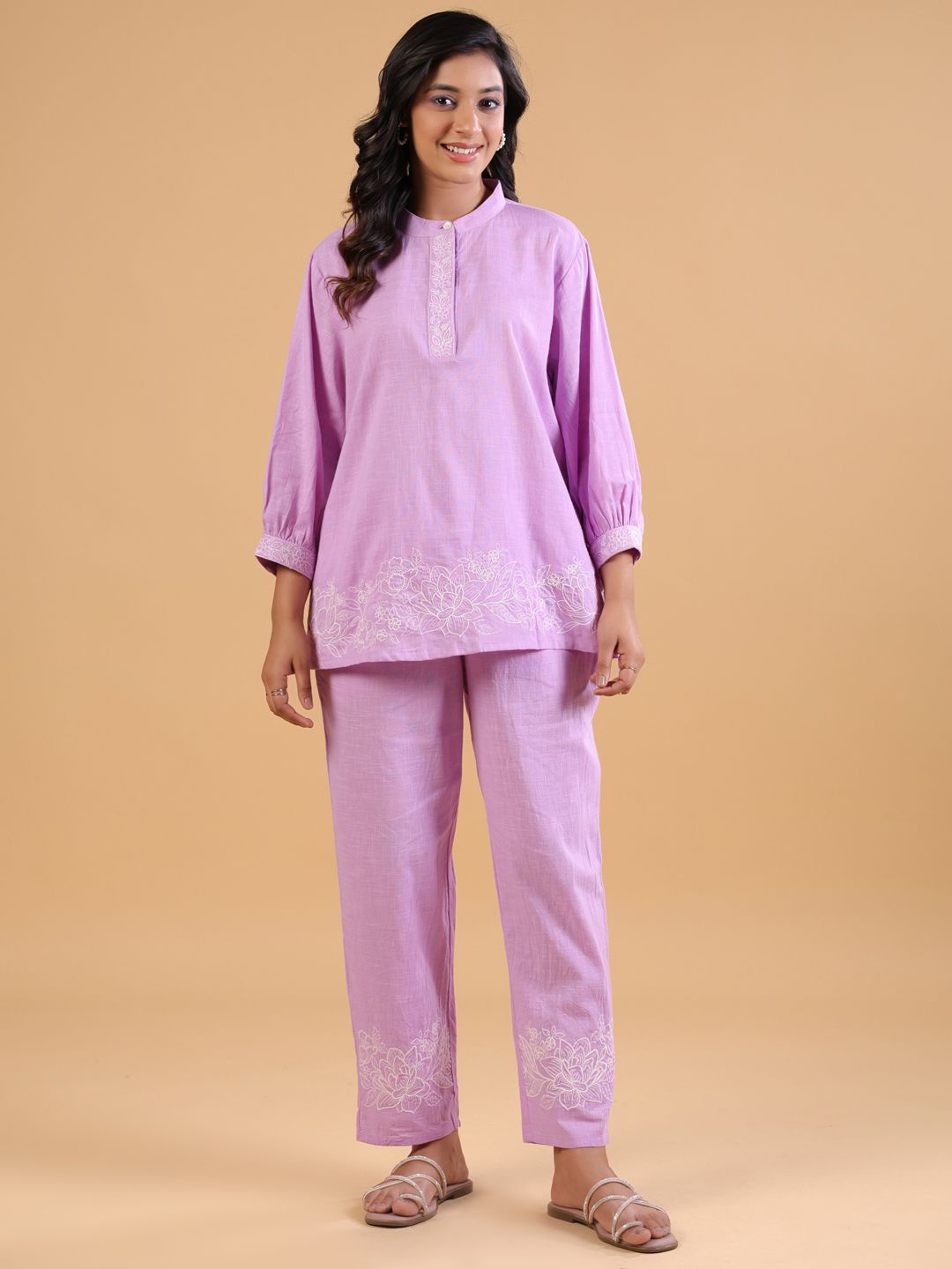 

SAVI Embroidered Mandarin Collar Pure Cotton Top With Trousers, Purple