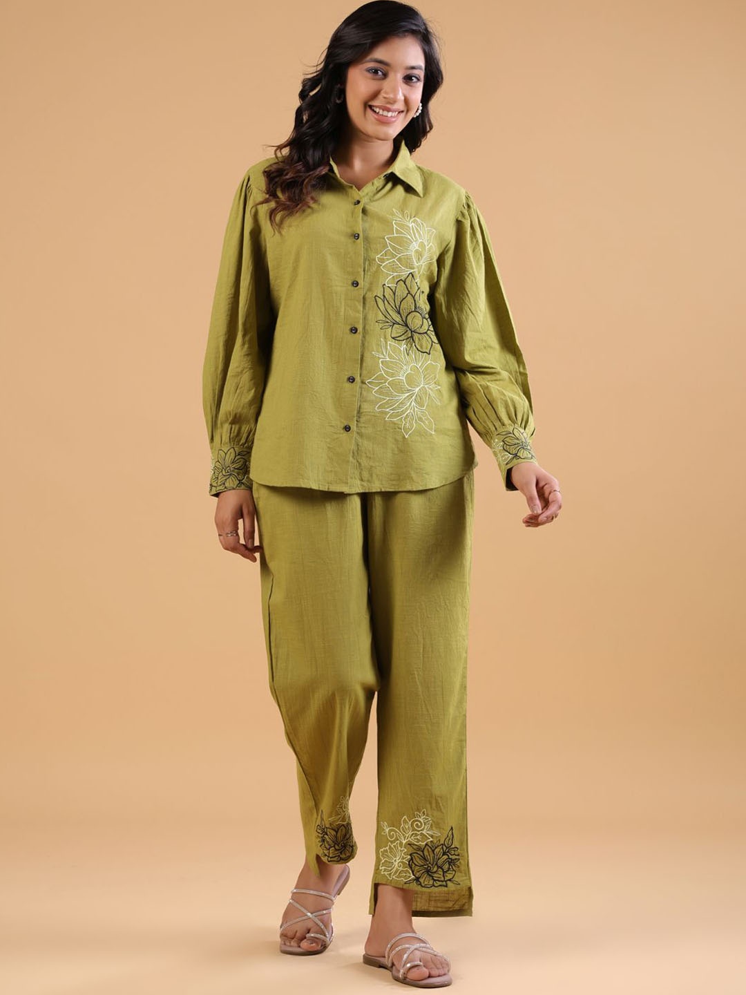 

SAVI Embroidered Pure Cotton Shirt With Trousers, Green