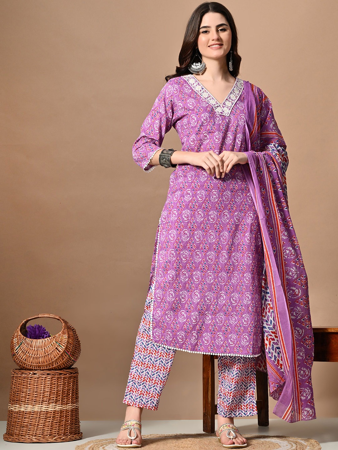 

EKAKRITI Floral Printed Mirror Work Straight Kurta With Trouser & Dupatta, Purple