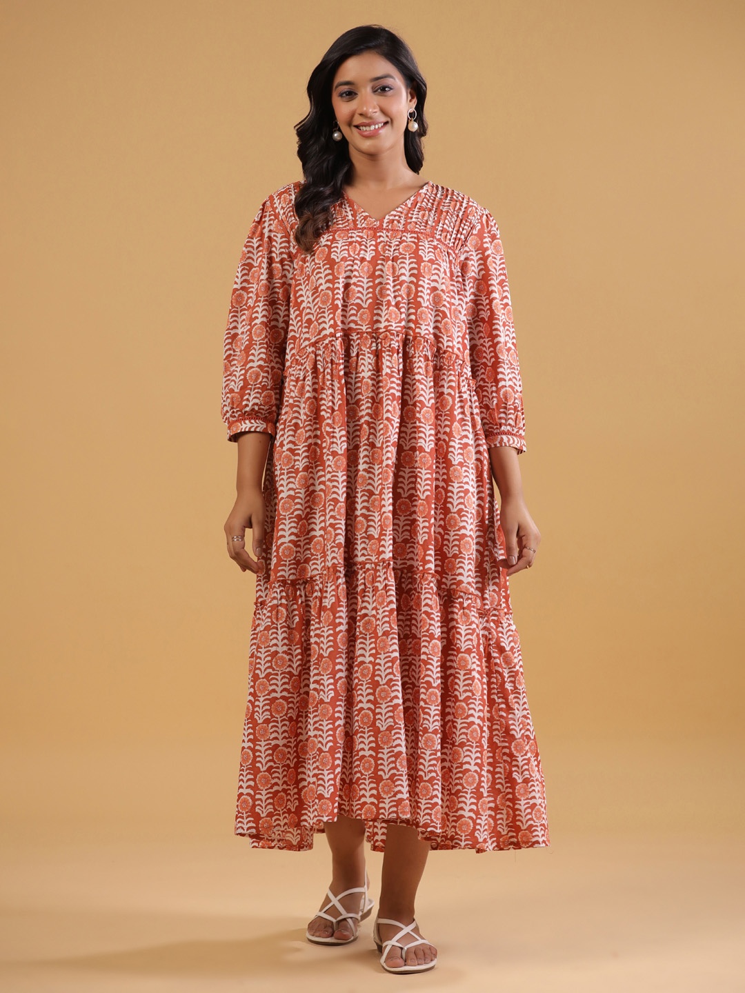 

SAVI Ethnic Motifs Printed Cotton Empire Midi Dress, Orange
