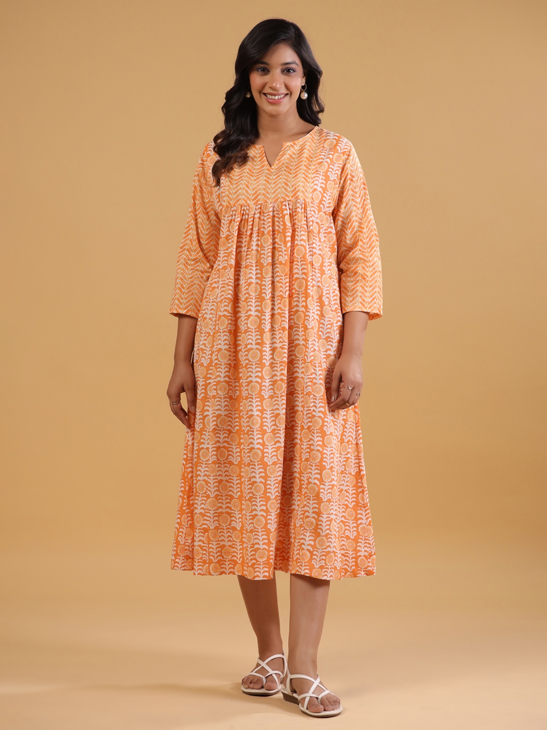

SAVI Floral Women Printed A-Line Midi Dress, Rust