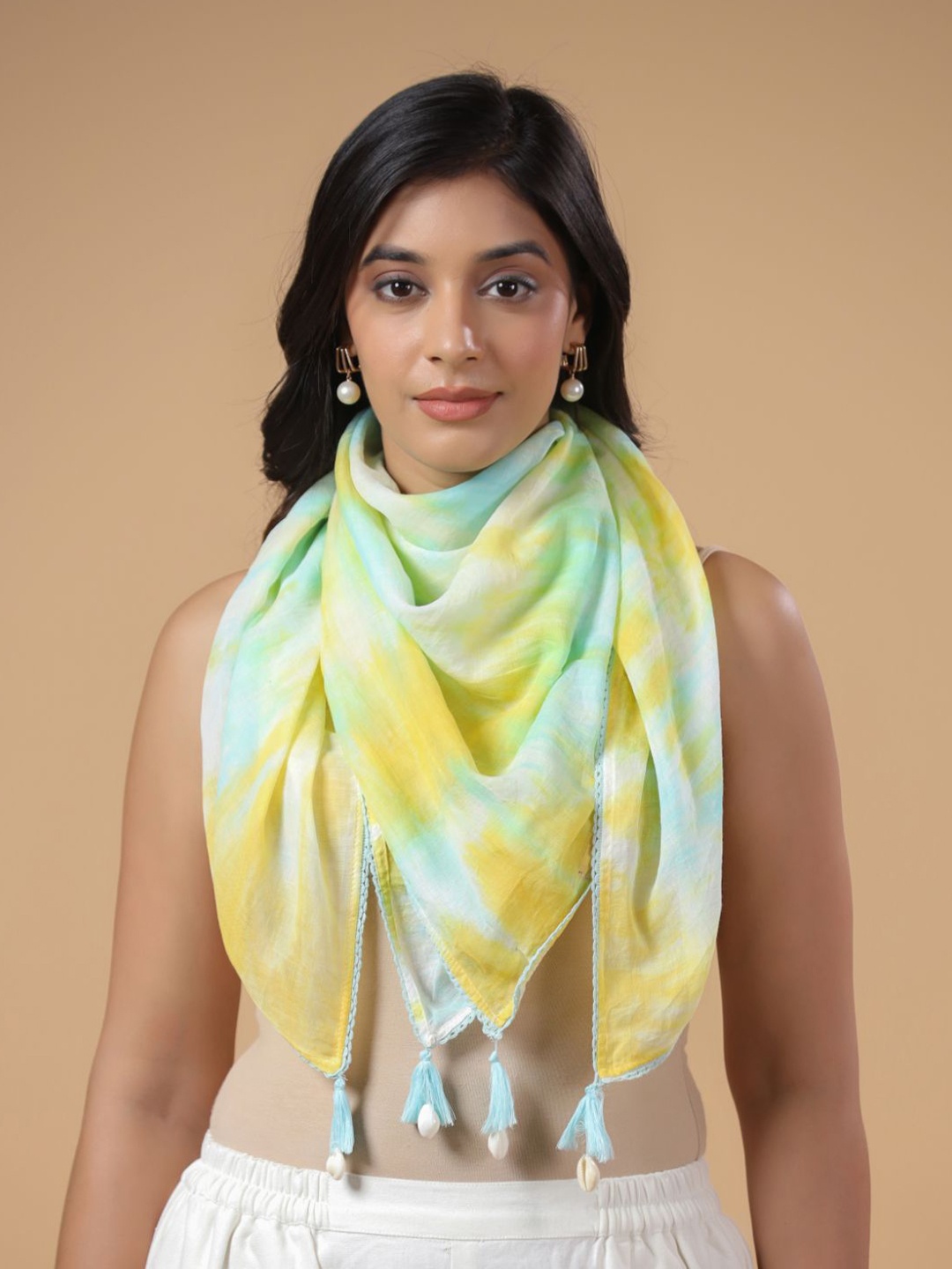 

SAVI Tie and Dye Cotton Detailed Scarf, Blue