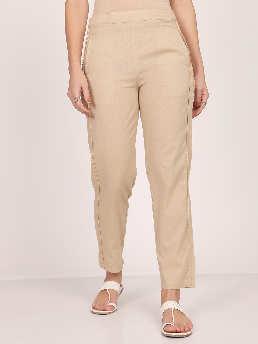 

SAVI Women Relaxed Cotton Mid-Rise Straight Leg Trousers, Beige