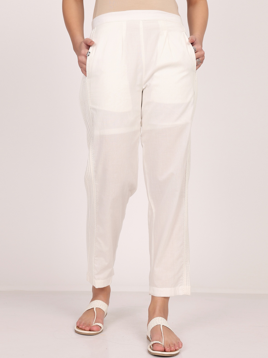

SAVI Women Pintuck Detailed Relaxed Straight Leg Chinos Trousers, White