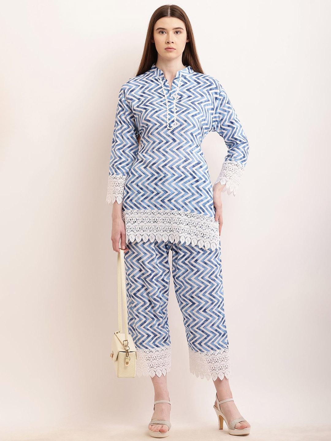 

BAESD Chevron Printed Mandarin Collar Pure Cotton Tunic With Trouser, Blue