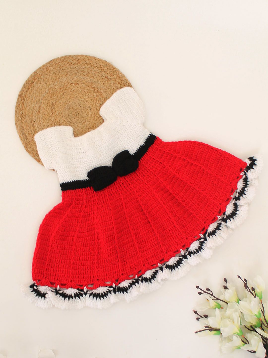 

Woonie Girls Colourblocked Crochet Fit & Flare Dress With Bow Detail, Red