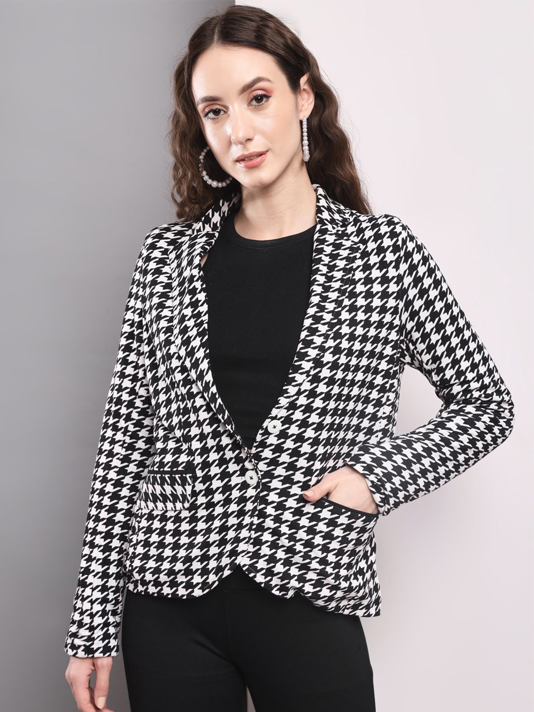 

TANDUL Notched Lapel Checked Formal Blazer, Black