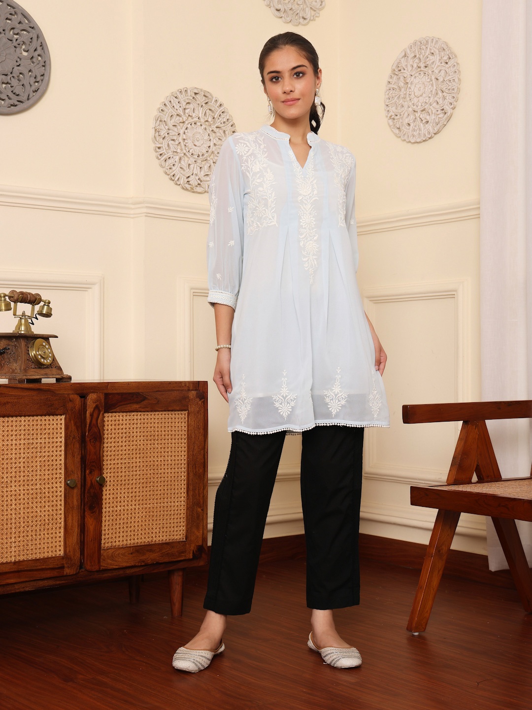 

SAVI Mandarin Collar Sheer Georgette Longline Top, Turquoise blue