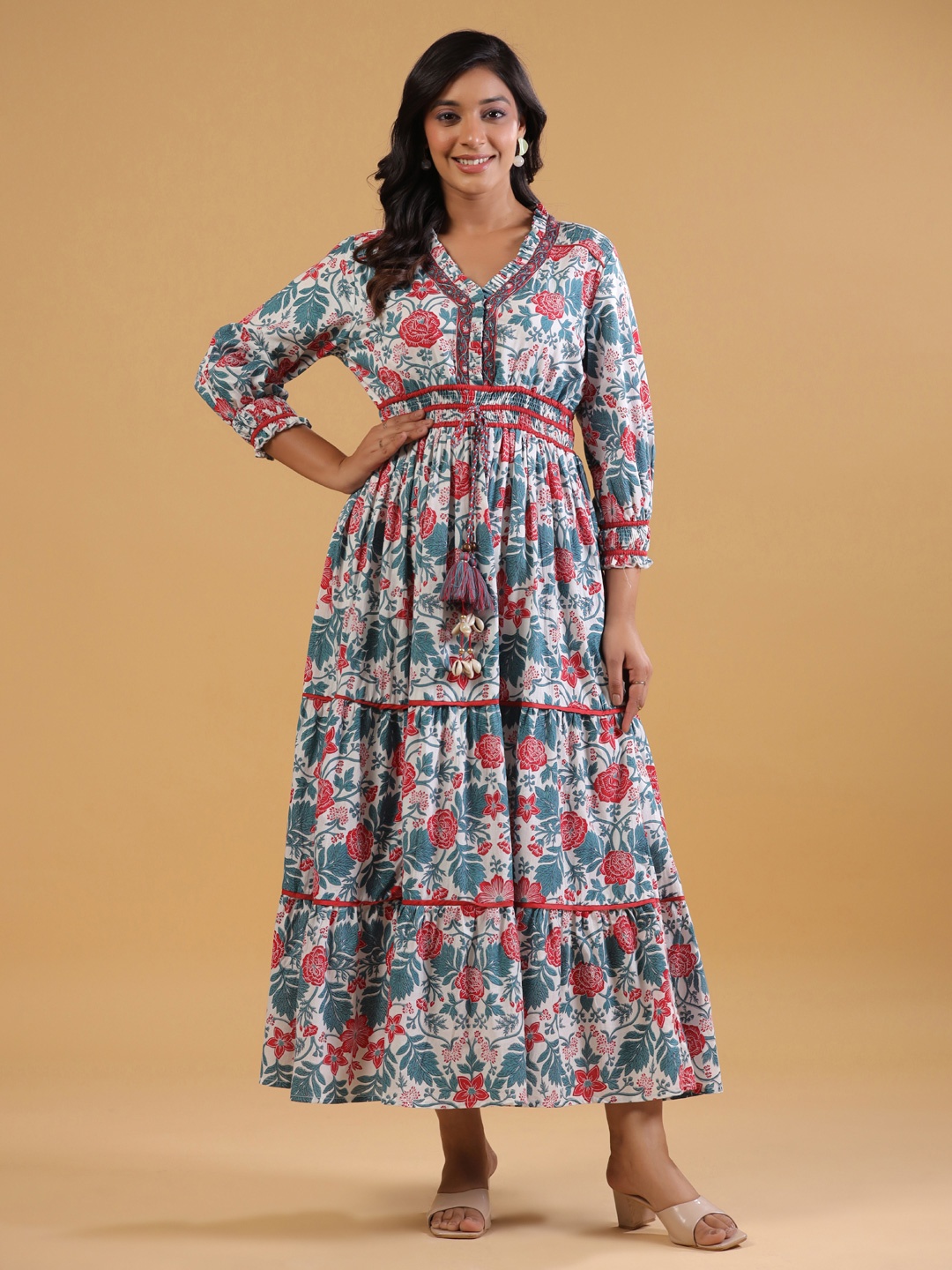 

SAVI Floral Printed Puff Sleeve Tiered Cotton Empire Maxi Dress, White
