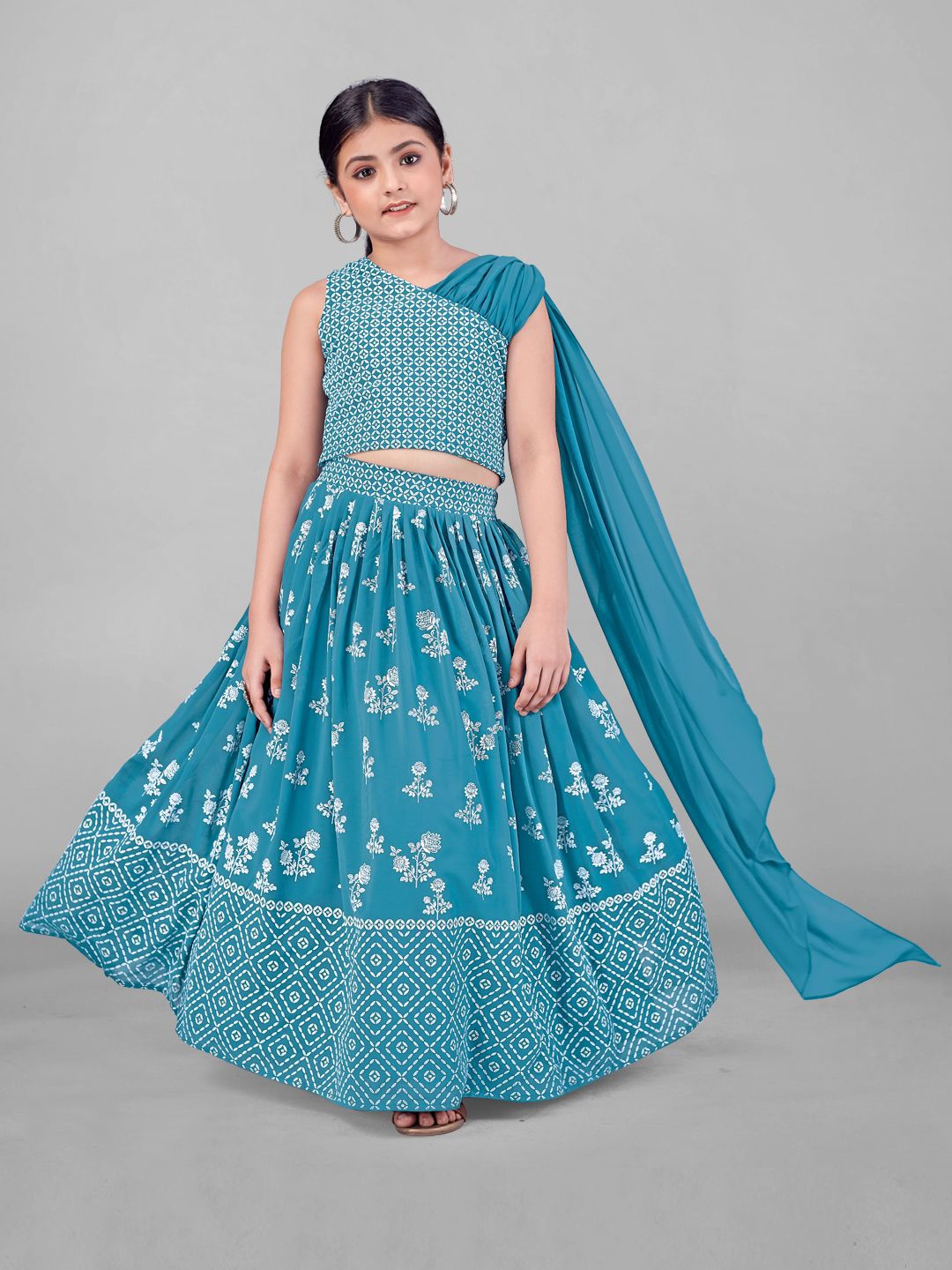 

FASHION DREAM Girls Floral Printed Ready to Wear Lehenga & Blouse With Dupatta, Blue