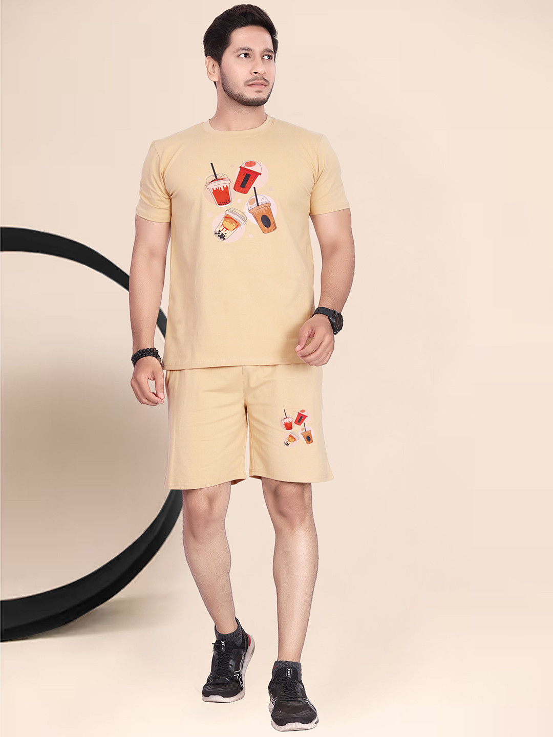 

Divra Clothing Printed Pure Cotton T-Shirt & Shorts Co-Ords, Beige