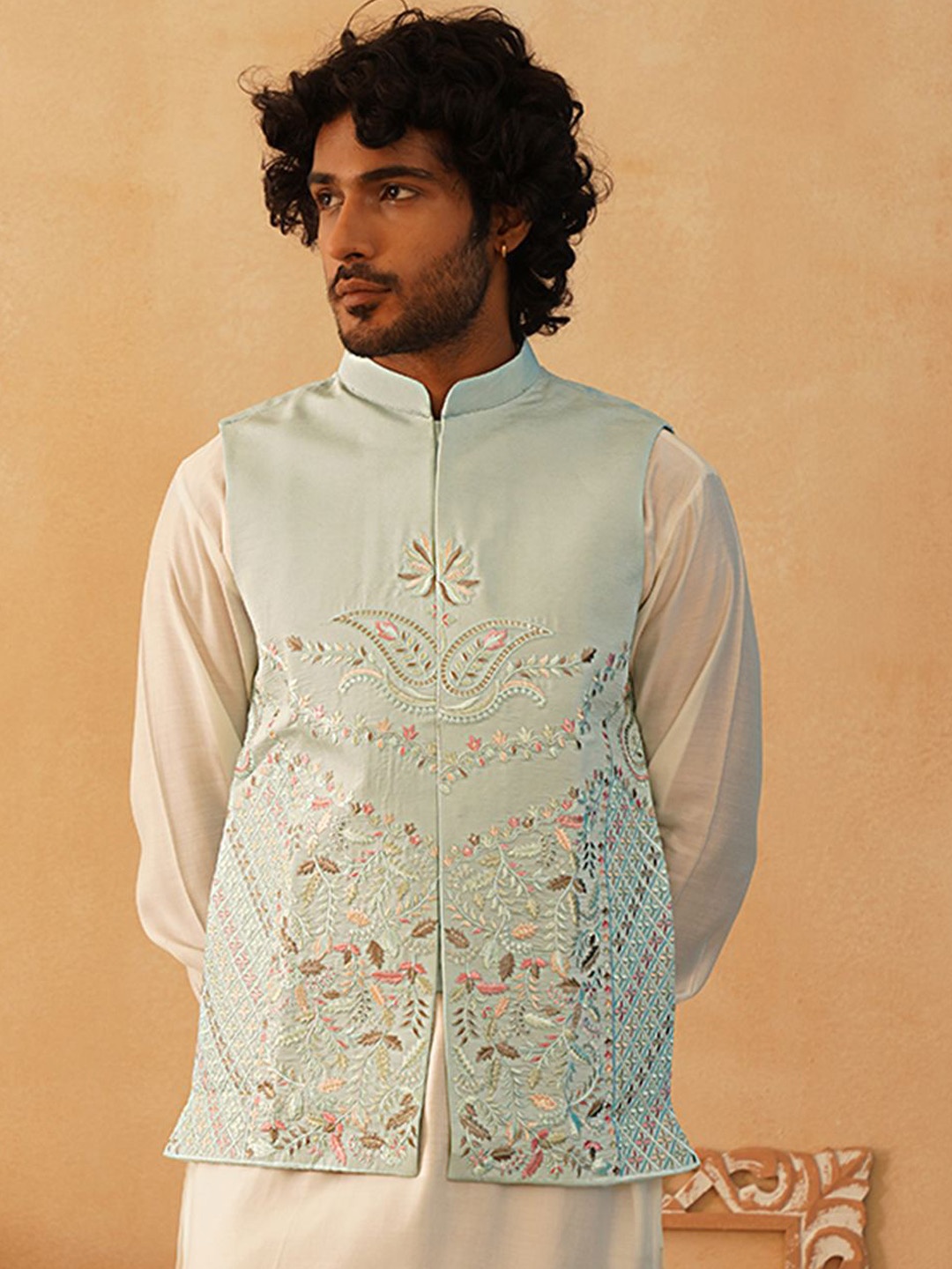 

Jompers Embroidered Nehru Jackets, Turquoise blue