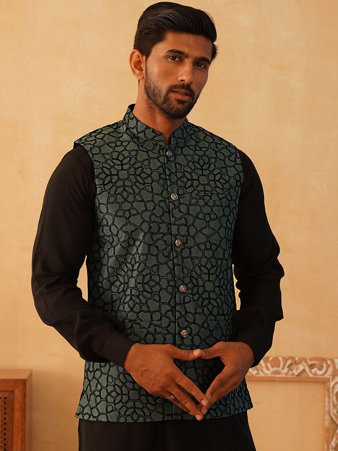 

Jompers Embroidered Nehru Jackets, Teal