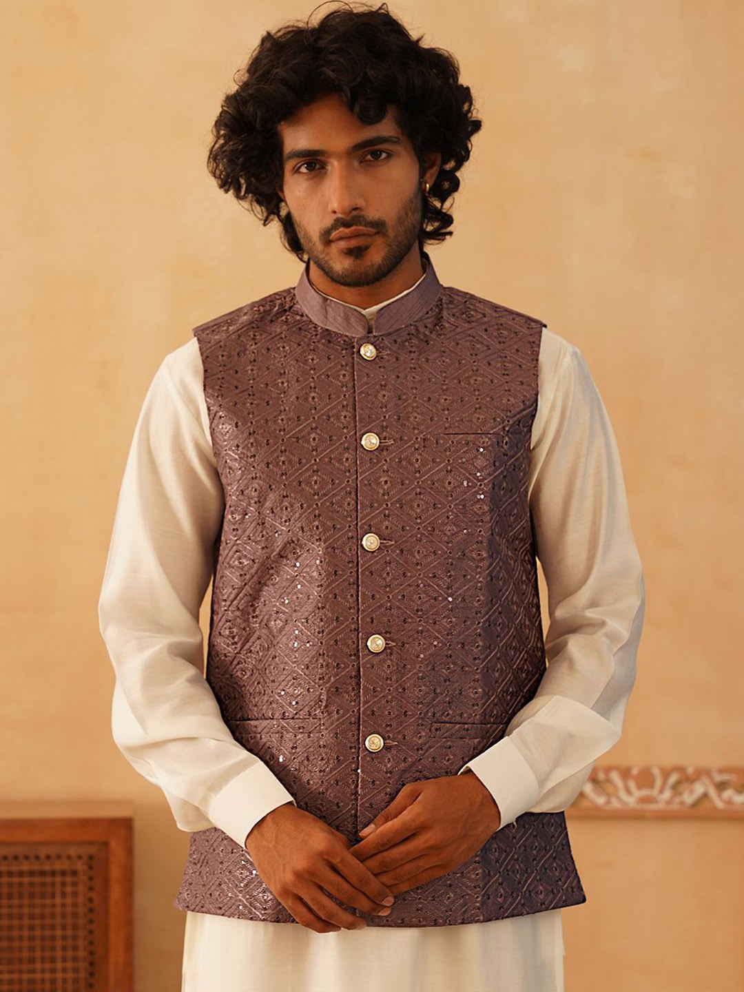 

Jompers Embroidered With Sequin Nehru Jackets, Purple