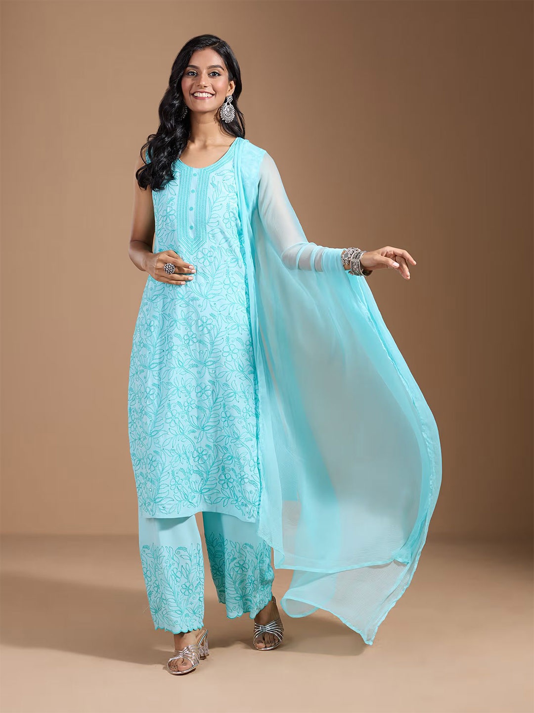 

Sangria Embroidered Straight Kurta With Palazzo & Dupatta, Blue