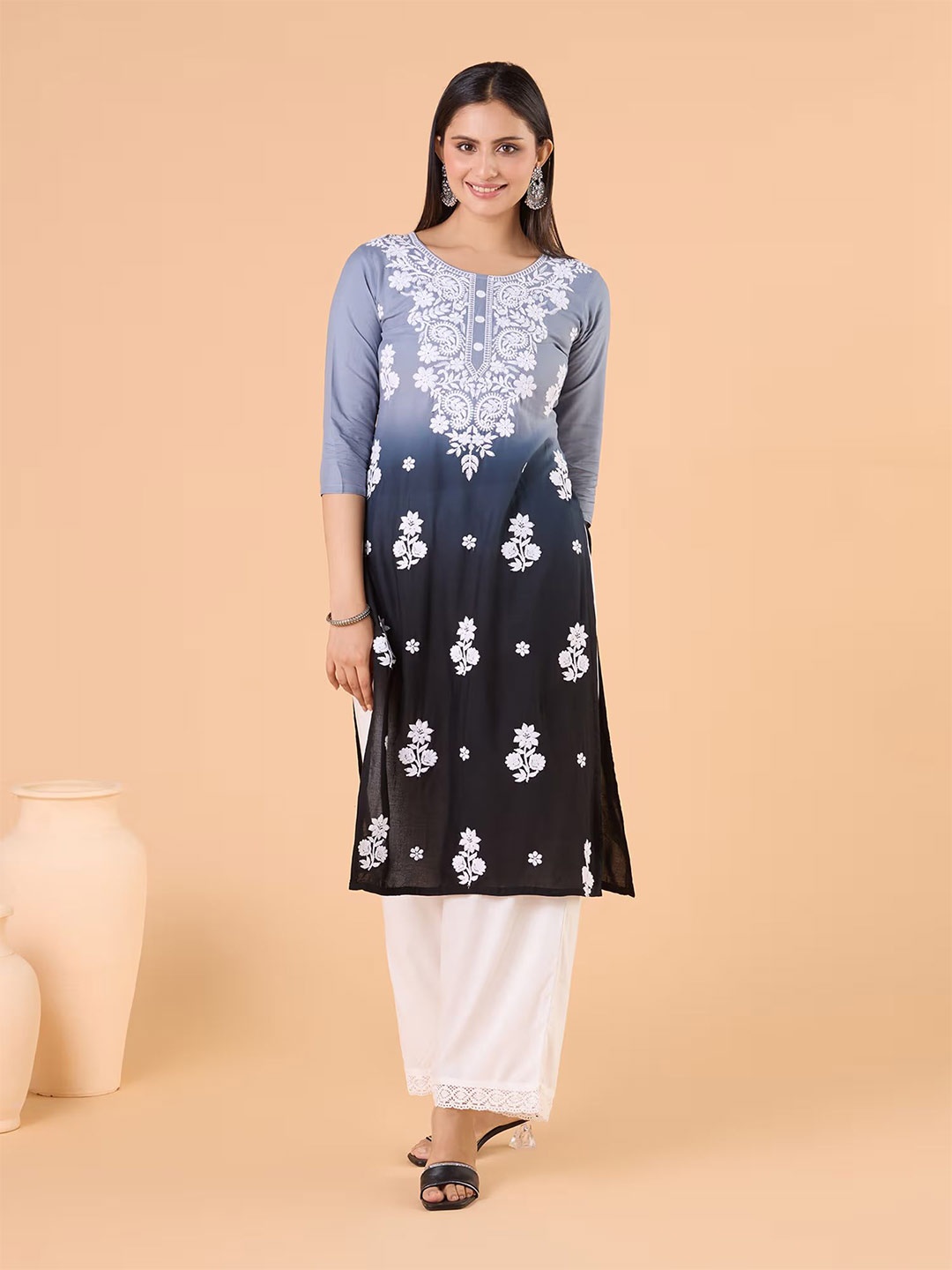 

Sangria Embroidered Straight Kurtis, Black