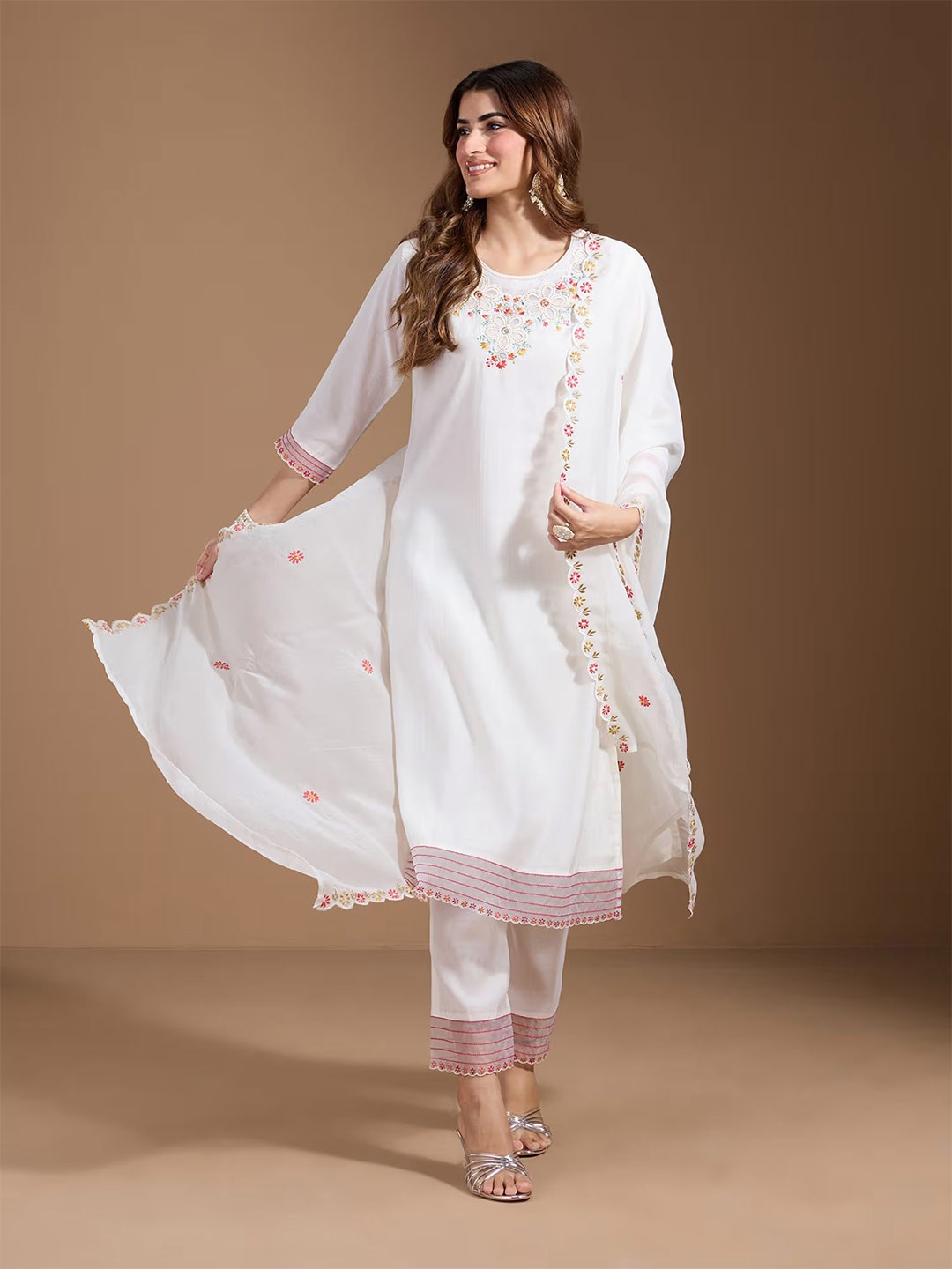 

Sangria Embroidered Straight Kurta With Trouser & Dupatta, White