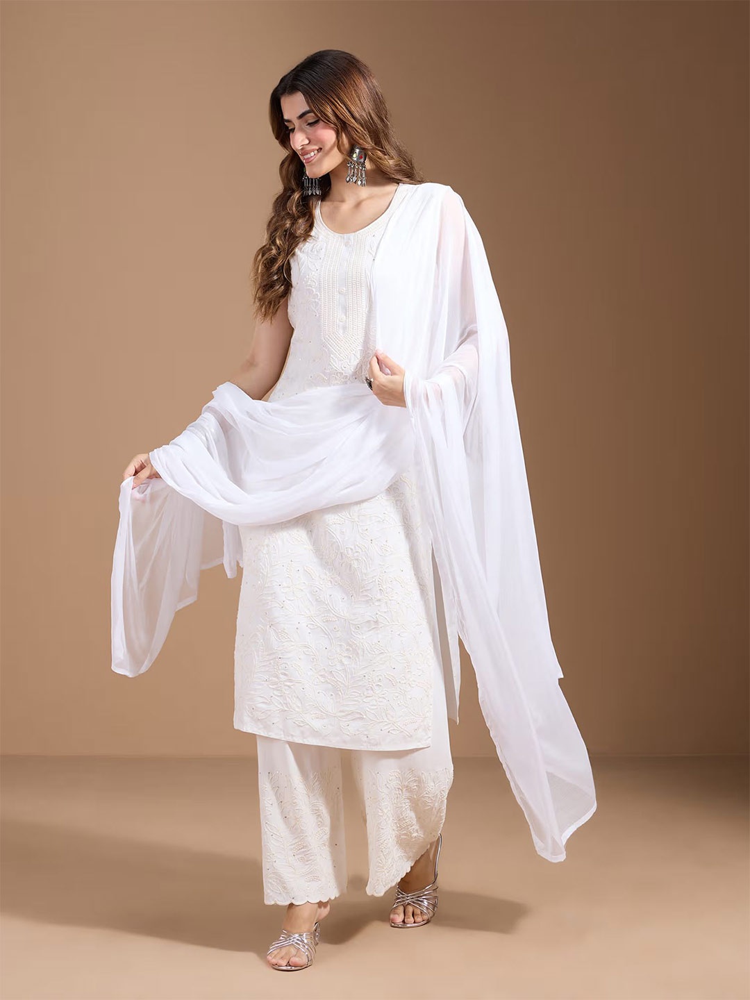 

Sangria Embroidered Straight Kurta With Palazzo & Dupatta, White