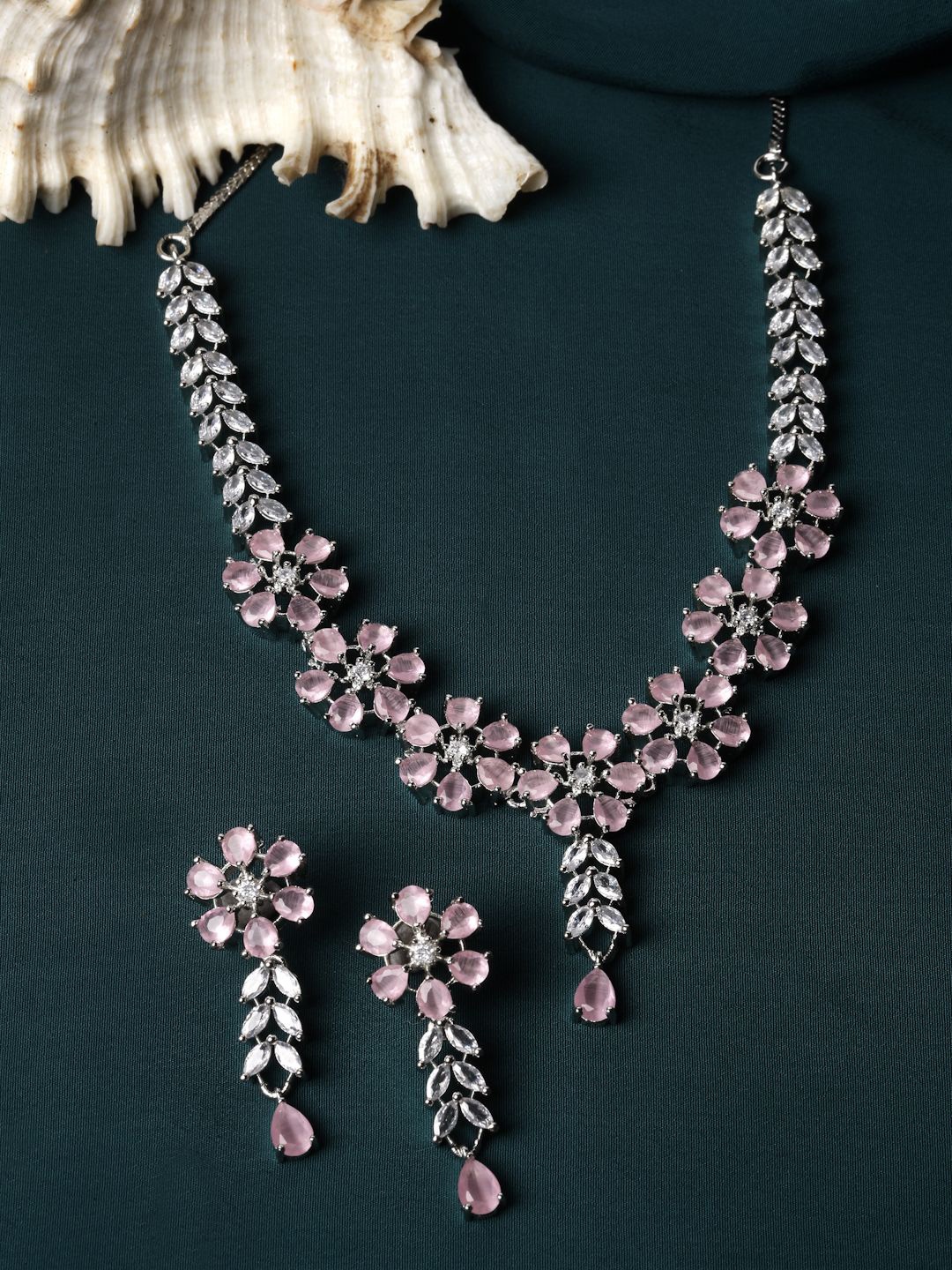 

ZENEME Rhodium-Plated American Diamond Jewellery Set, Pink