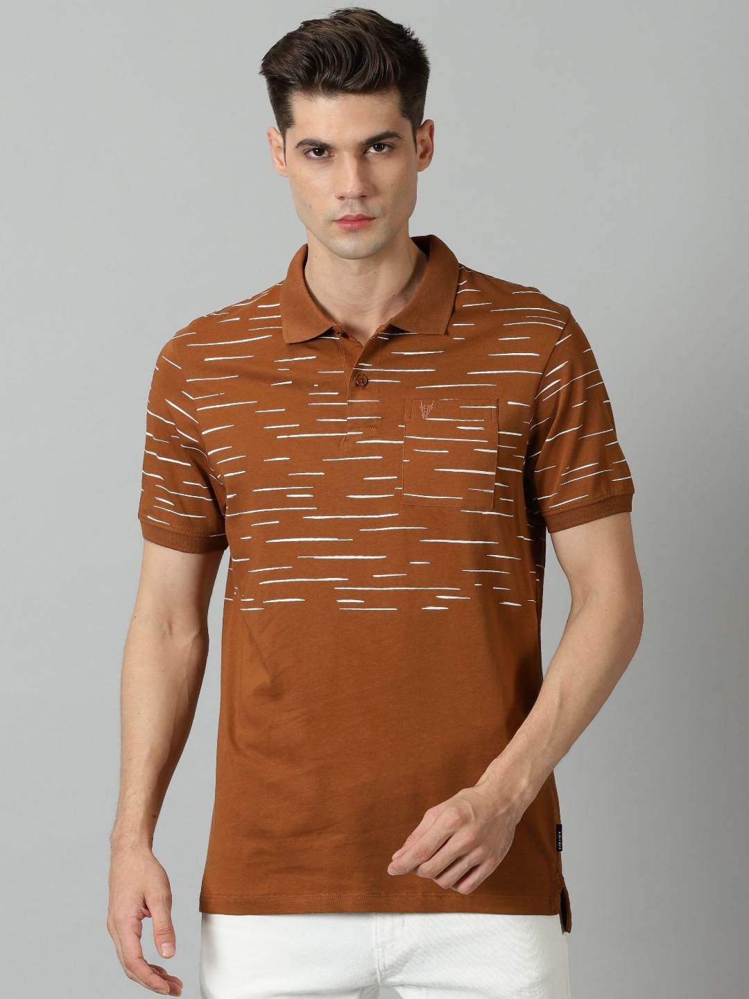 

BLACK BUCK Men Printed Striped Polo Collar Cotton Brown Tshirt, Rust