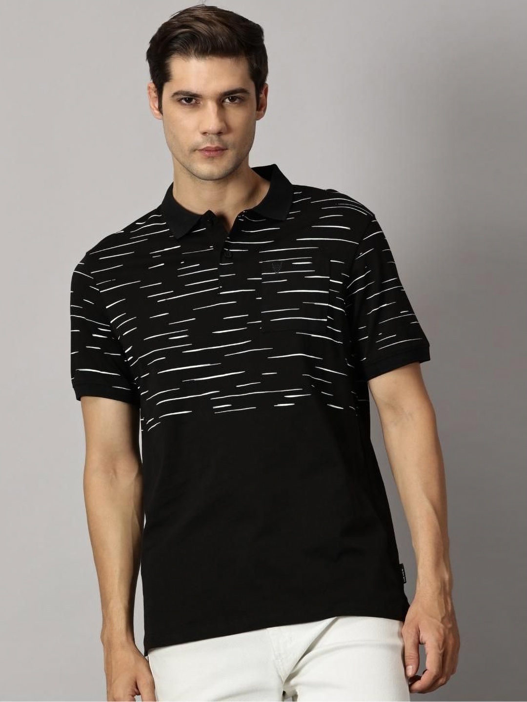 

BLACK BUCK Men Printed Striped Polo Collar Cotton Tshirt