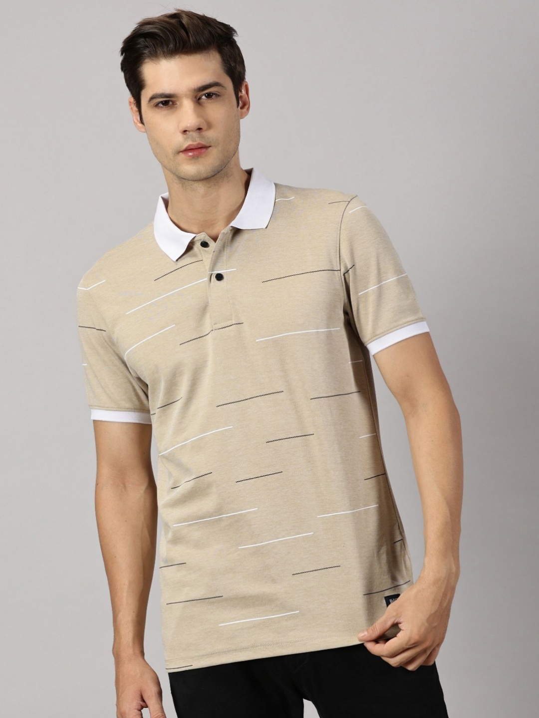 

BLACK BUCK Men Striped Printed Polo Collar Cotton Tshirt, Beige