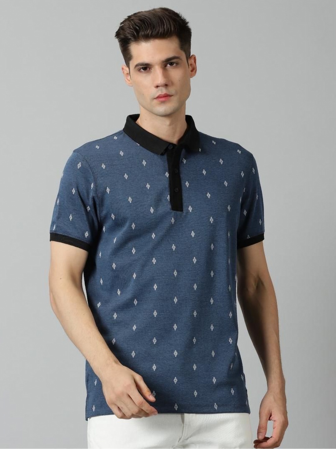 

BLACK BUCK Men Printed Polo Collar Cotton Tshirt, Navy blue