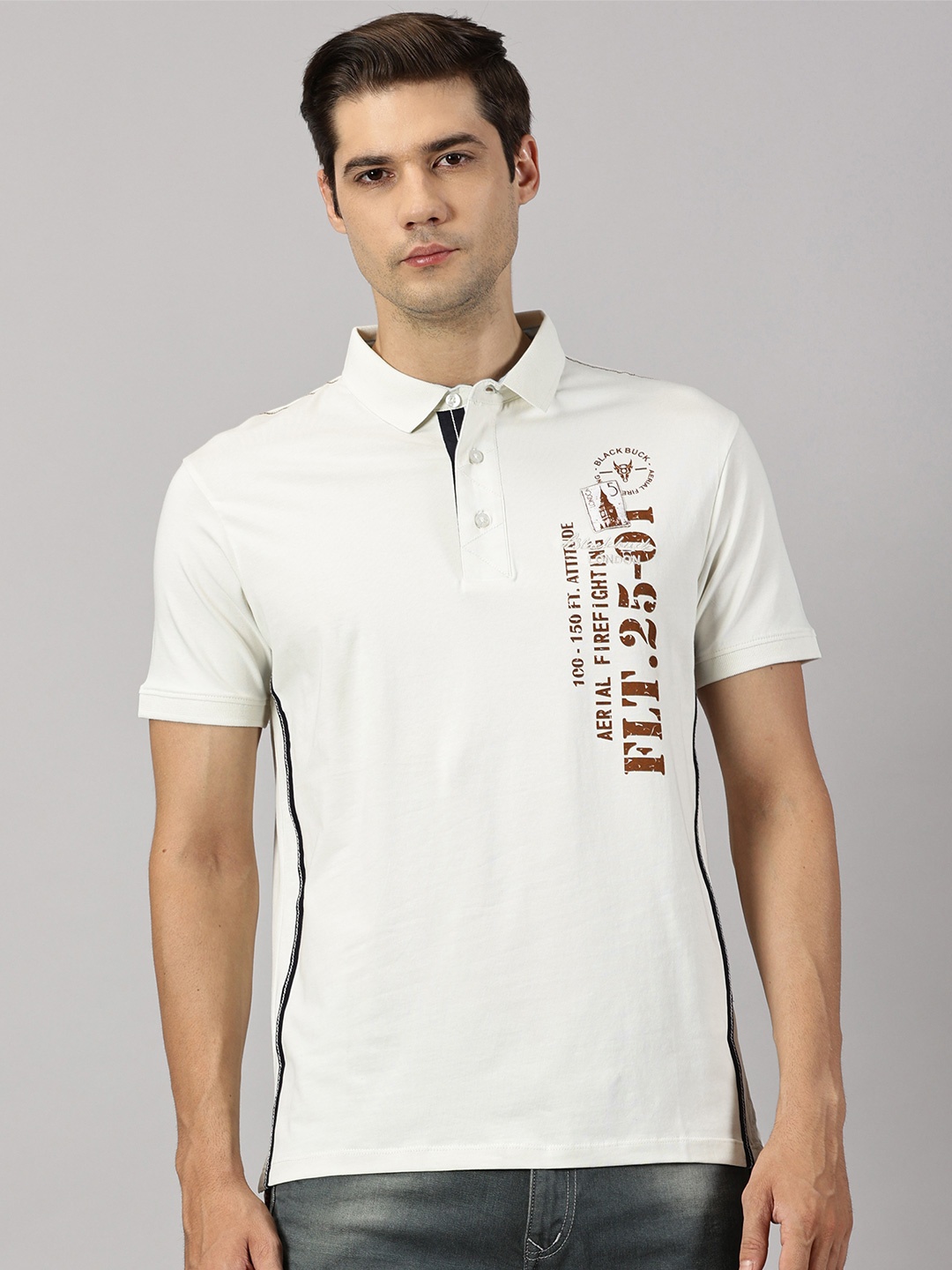 

BLACK BUCK Men Printed Polo Collar Super Soft Premium Cotton Tshirt, White