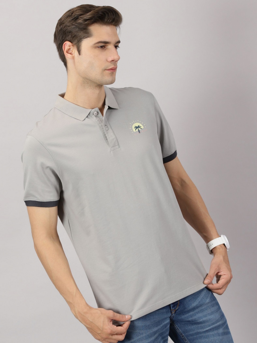 

BLACK BUCK Men Printed Polo Collar Cotton Tshirt, Grey