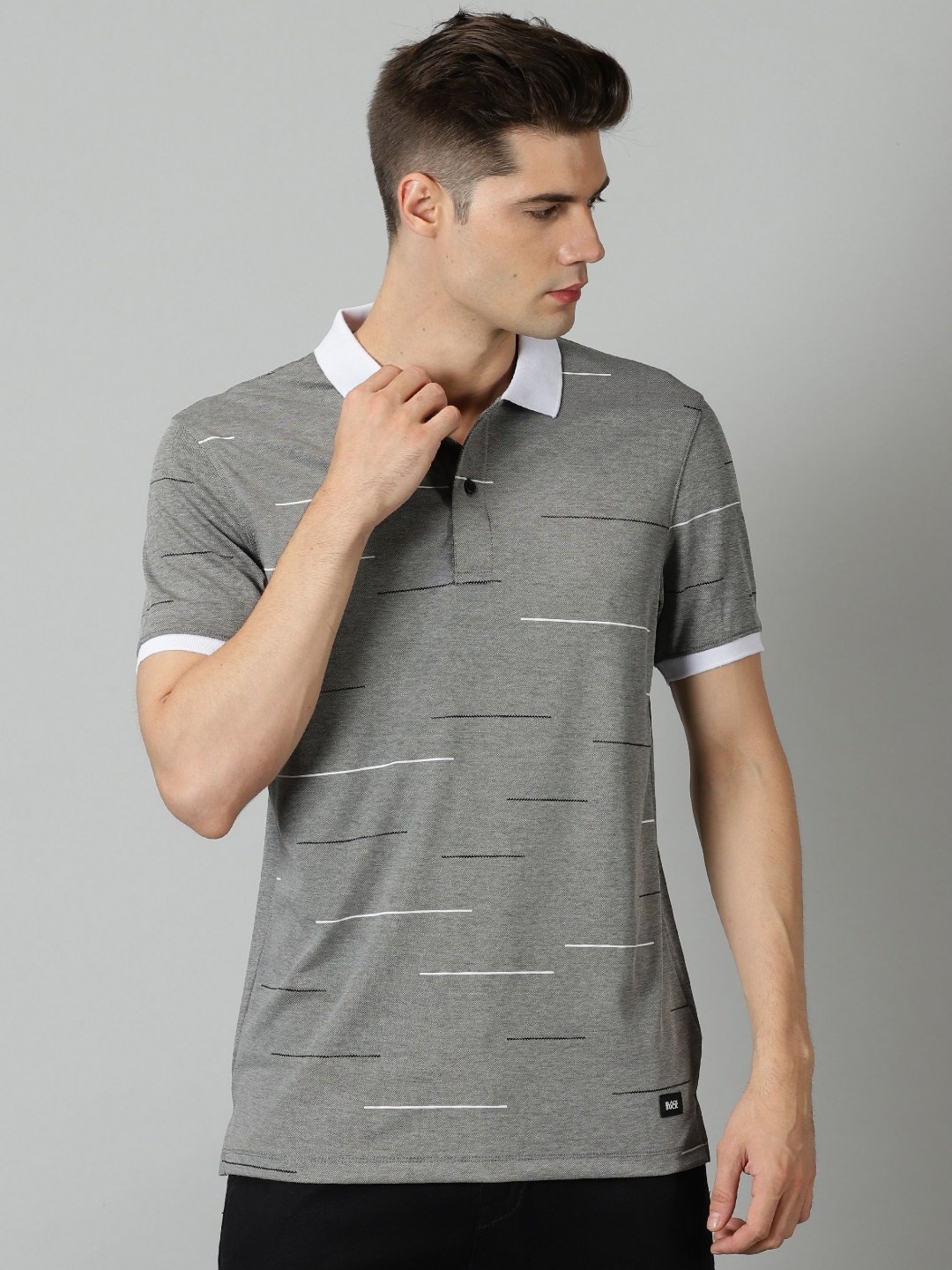 

BLACK BUCK Men Striped Printed Polo Collar Cotton Tshirt, Grey