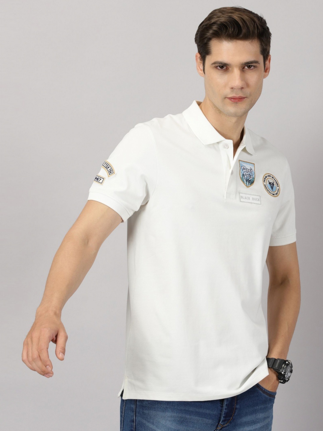 BLACK BUCK Men Printed Polo Collar Cotton Tshirt, White