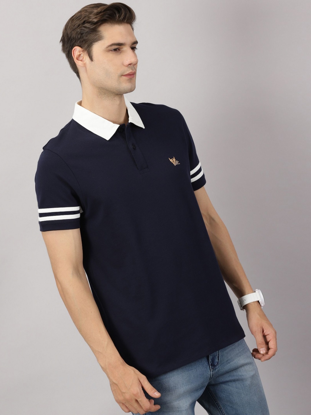 

BLACK BUCK Men Printed Polo Collar Cotton Tshirt, Navy blue