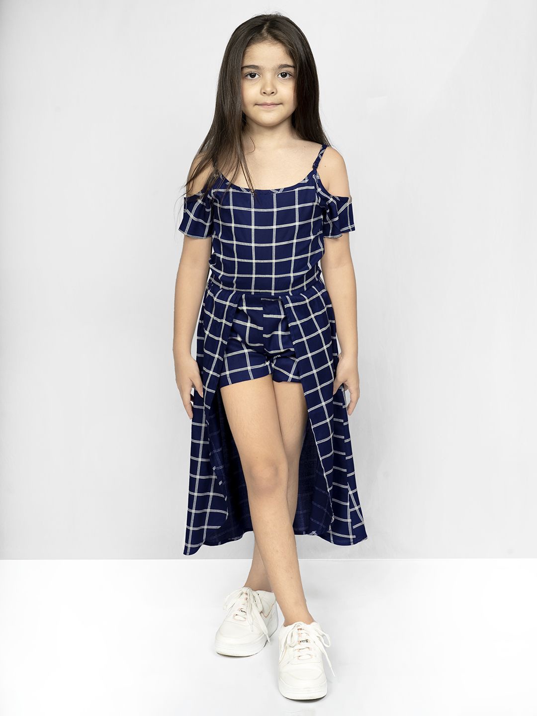 

Naughty Ninos Girls Checked Cold-Shoulder A-Line Midi Dress, Navy blue