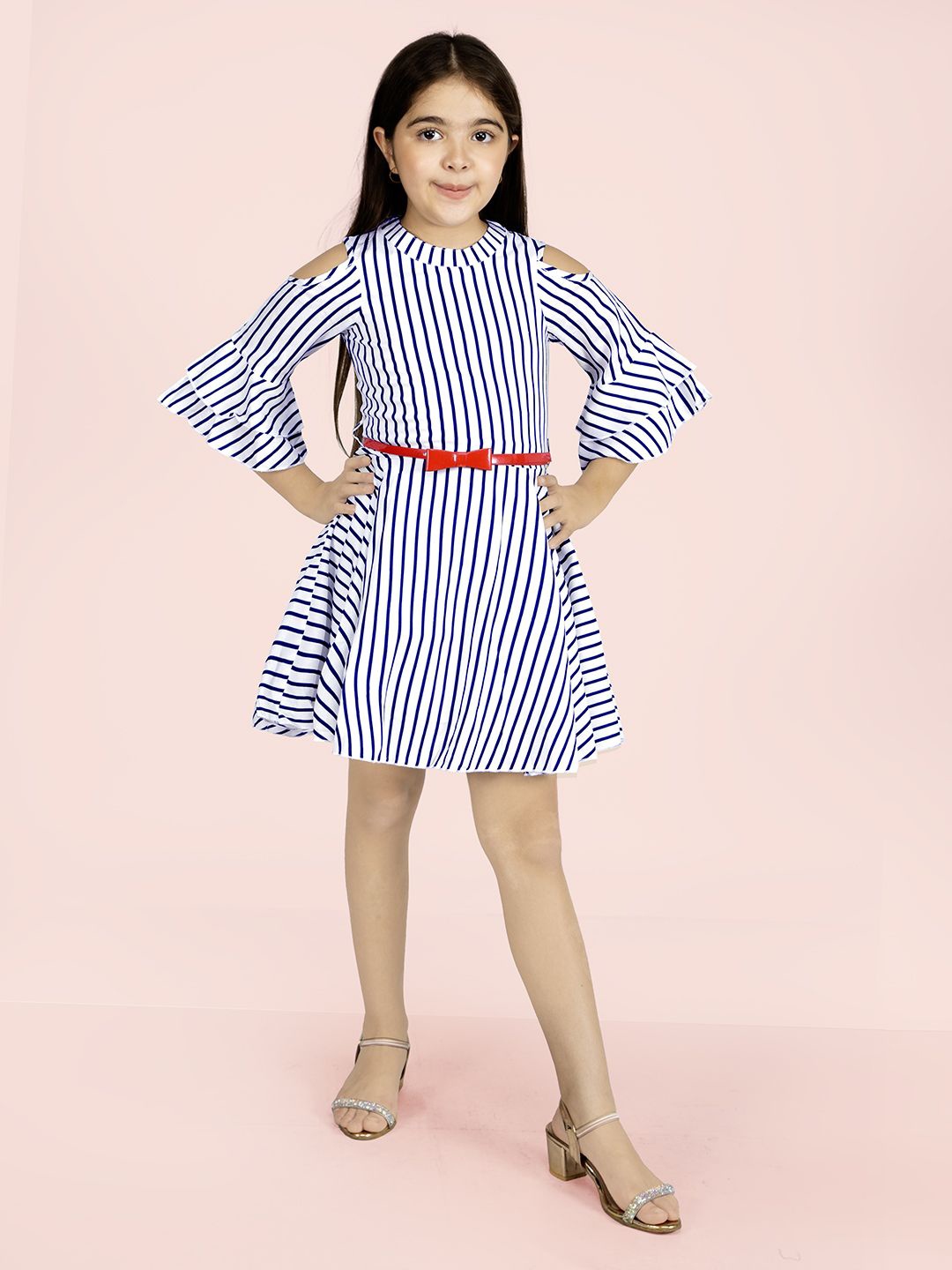 

Naughty Ninos Girls Striped Bell Sleeve Layered Above Knee Fit & Flare Dress, White