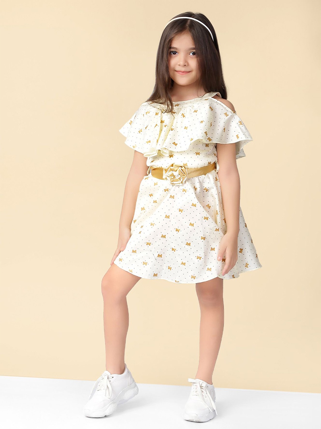

Naughty Ninos Girls Printed Cotton Flutter Sleeve Fit and Flare Dress, White