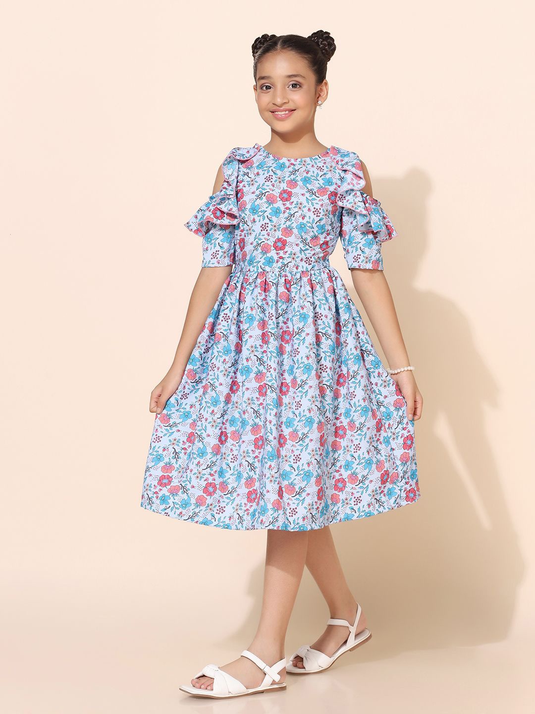 

BAESD Girls Floral Printed Round Neck Cold Shoulder Ruffled Fit & Flare Dress, Blue