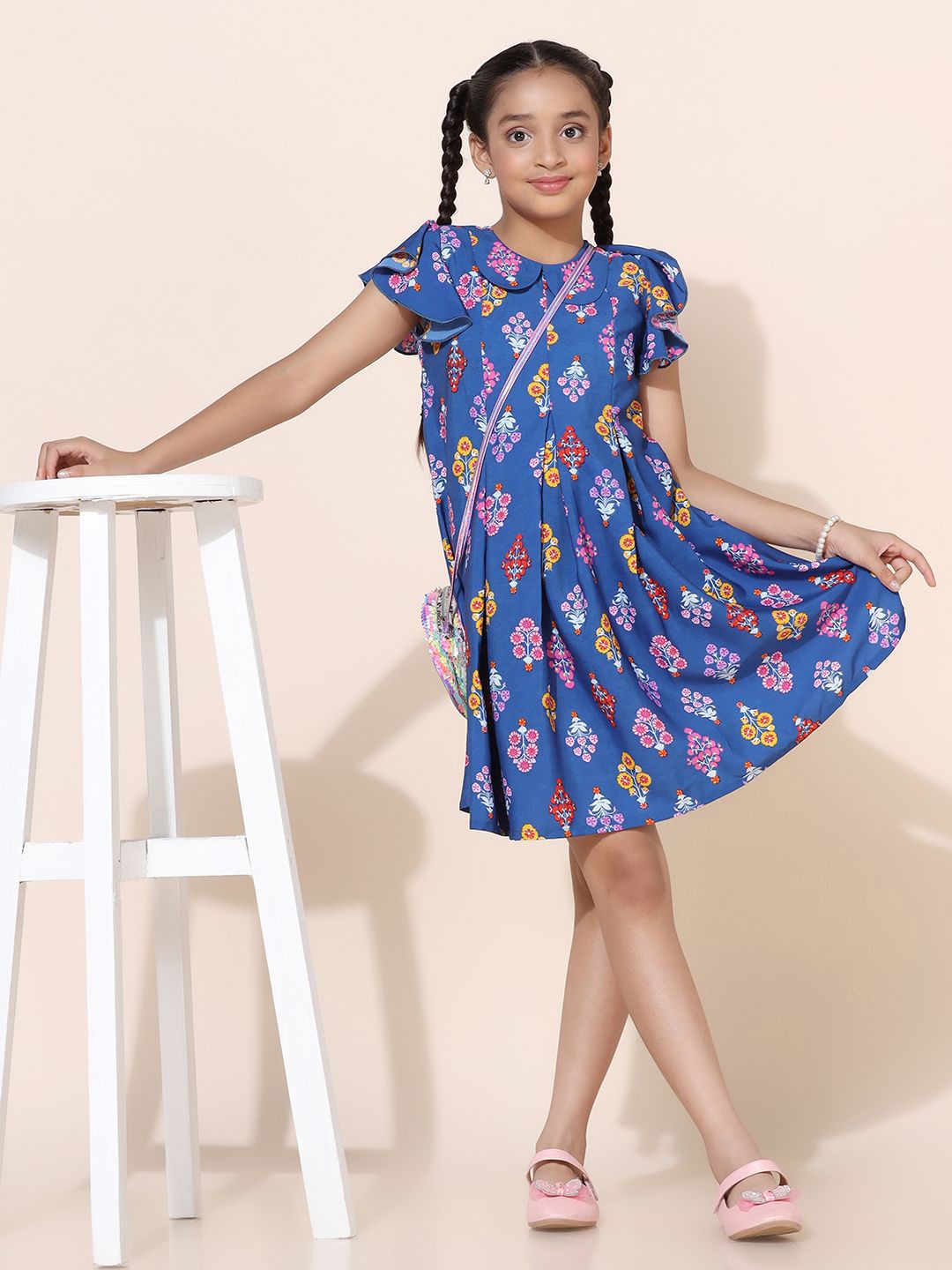 

BAESD Girls Floral Printed Peter Pan Collar Flared Sleeves Crepe Above Knee A-Line Dress, Blue