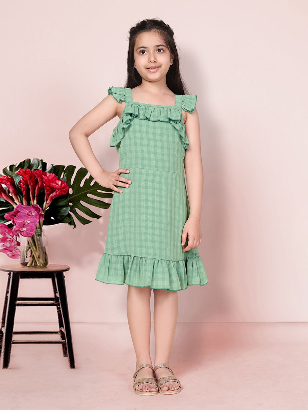 

BAESD Girls Checked Ruffled Crepe A-Line Dress, Green