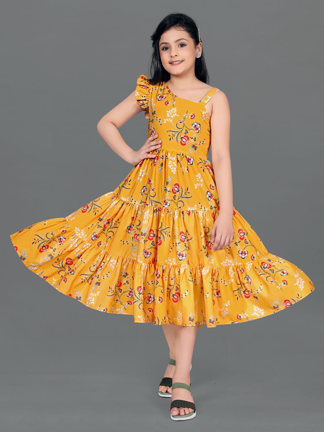 

BAESD Girls Floral Printed Fit & Flare Midi Dress, Yellow