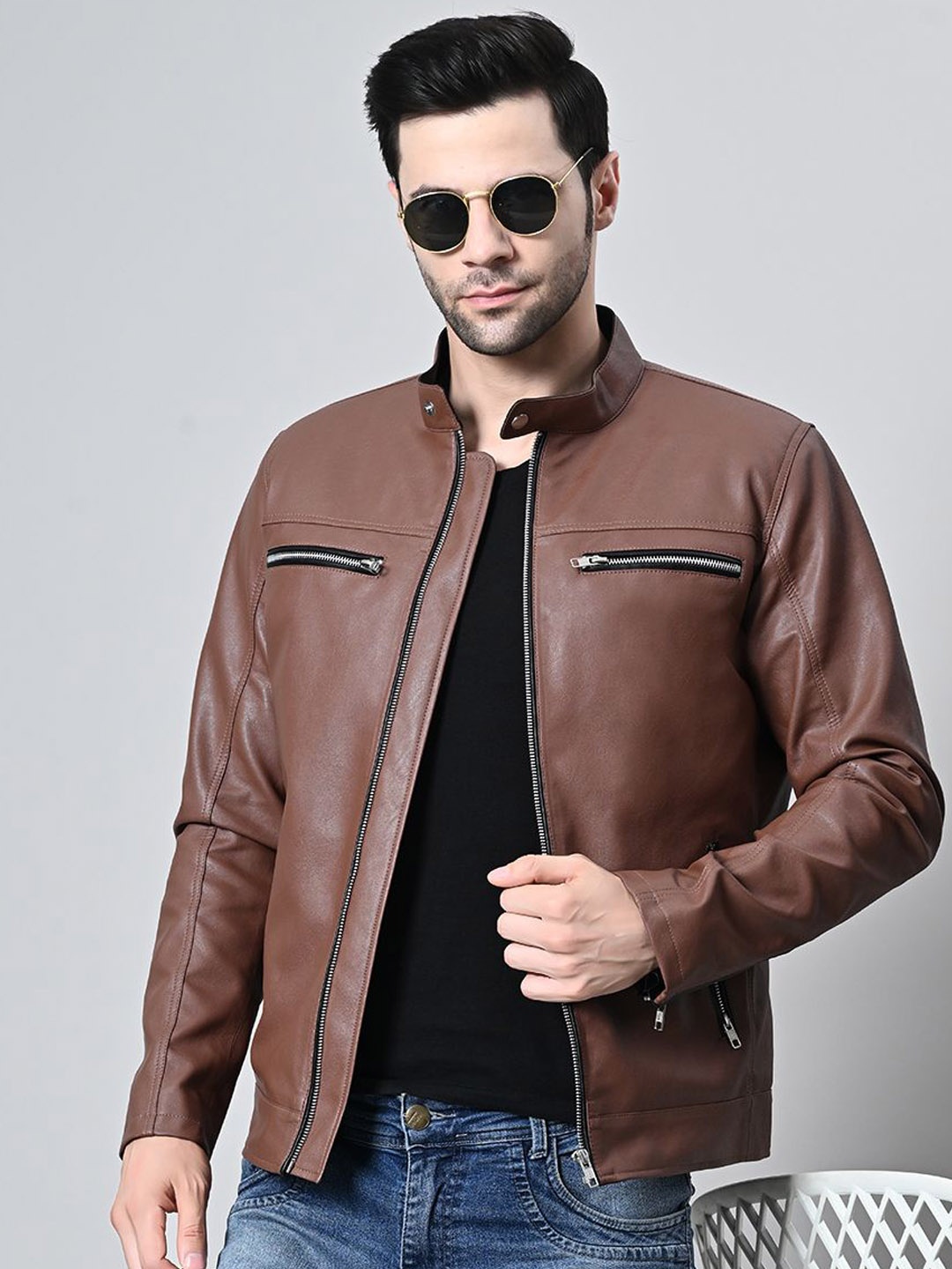 

TBOJ Men Lightweight Crop Biker Jacket, Tan